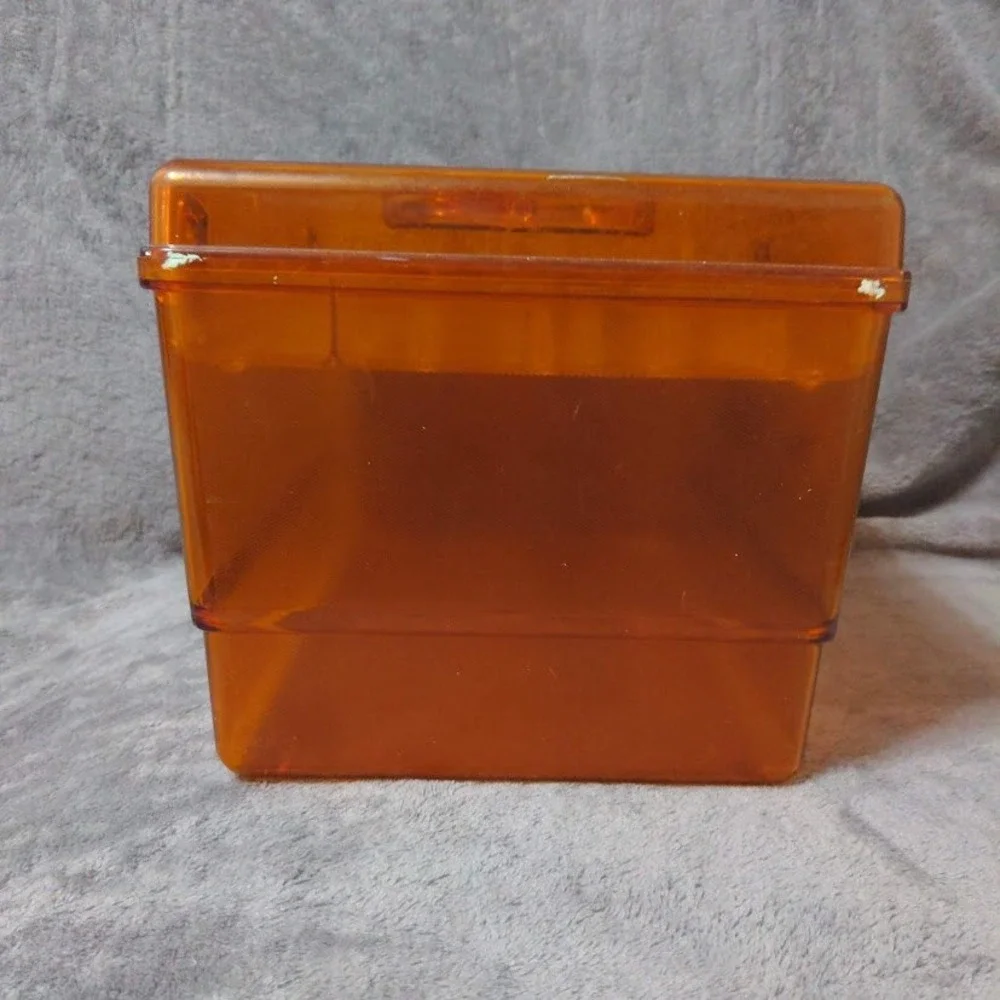 Vtg Wil-Hold Amber Orange Translucent Plastic Sewing Box MCM Case Gold Floral